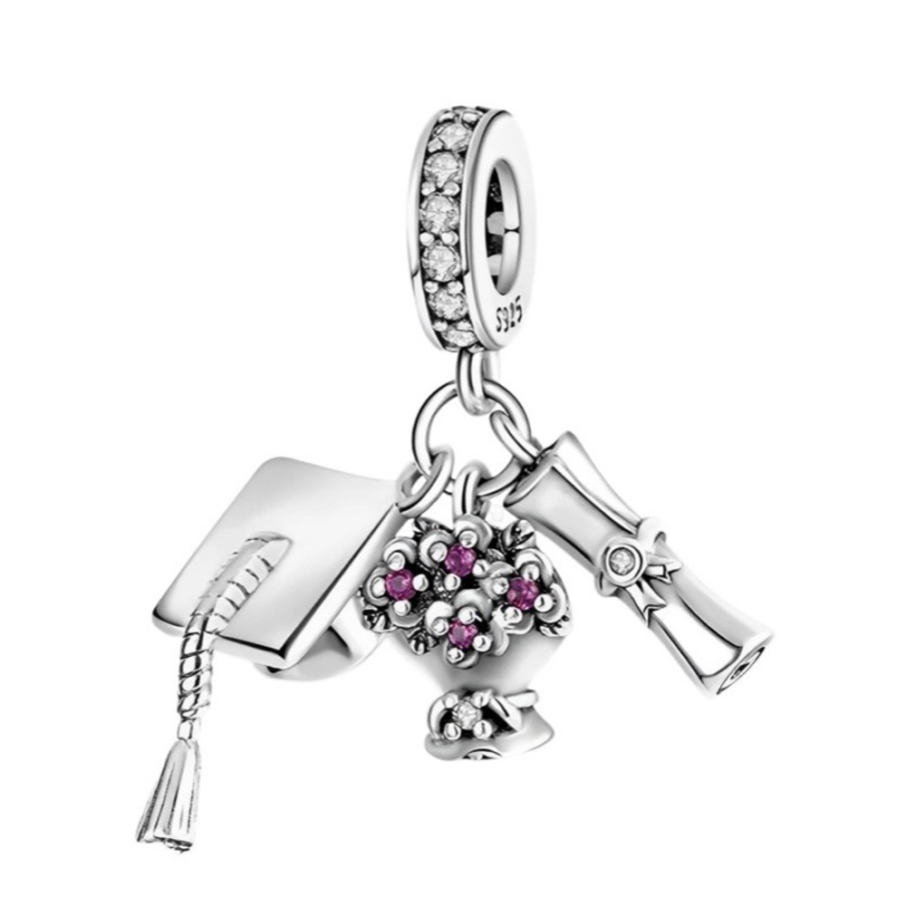Graduation Cap, Flowers, and Diploma Trio Dangle Charm